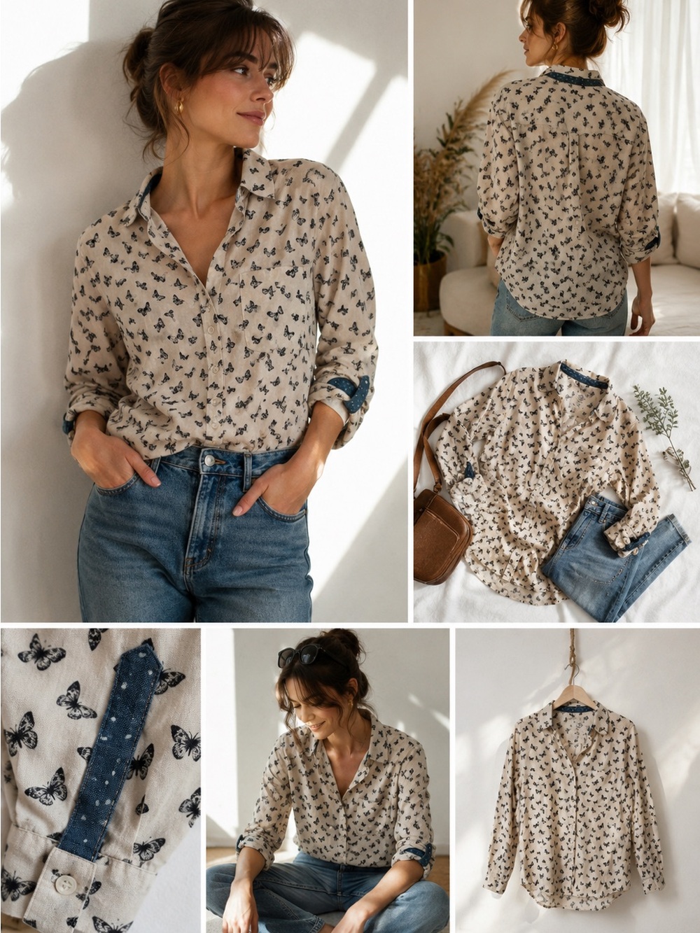 Y2K Butterfly Print Beige Button down top Style & Co fairycore boho whimsygoth